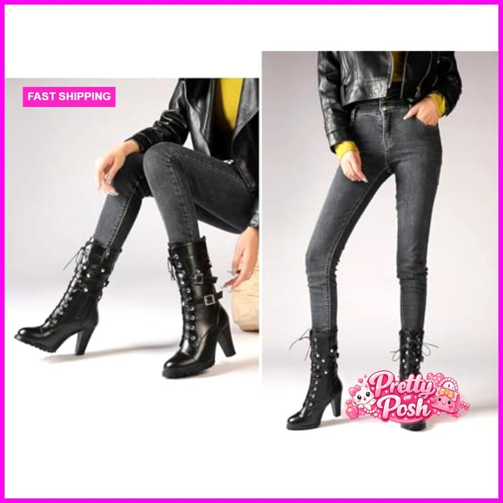 Polyurethane Platform Heel Boots with Studded Details and Lace-Up Closure - Picture 5 of 7